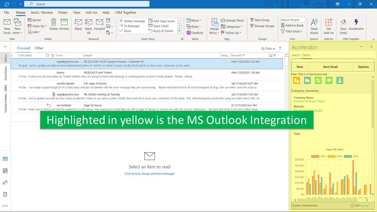 Sage 100 data within Outlook